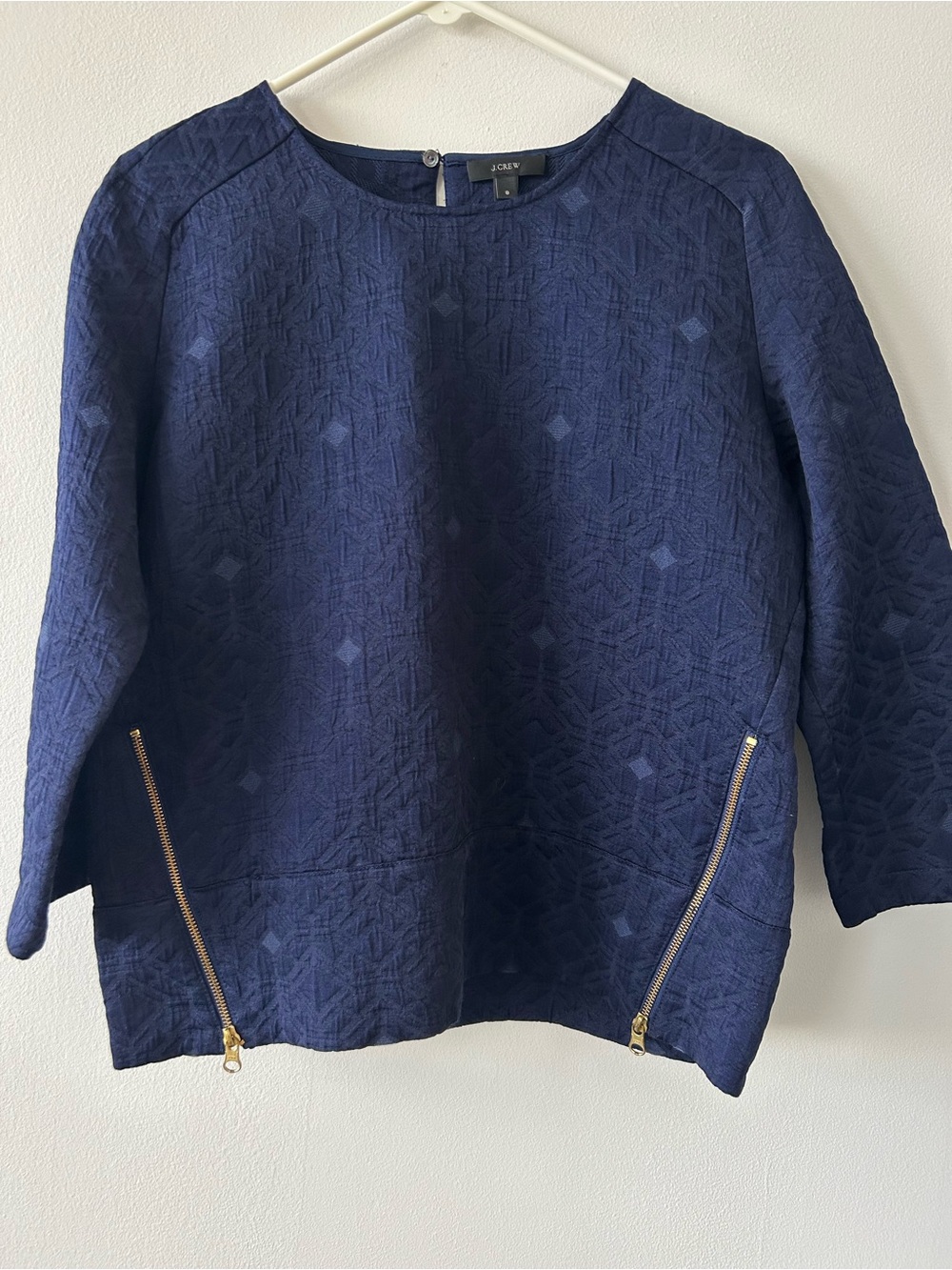 J. Crew Navy Textured Long-Sleeve Top with Gold Zippers 2014